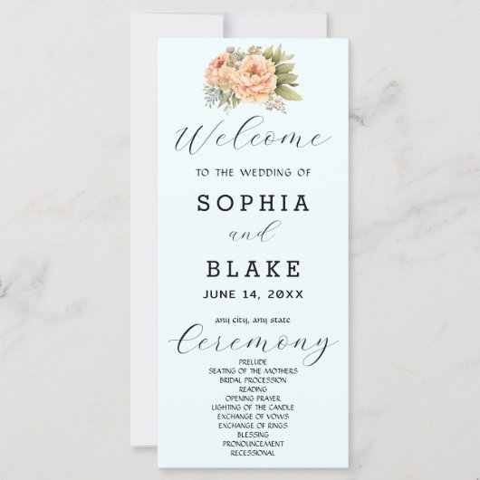Programme de mariage romantique blanc floral bleu (Devant)