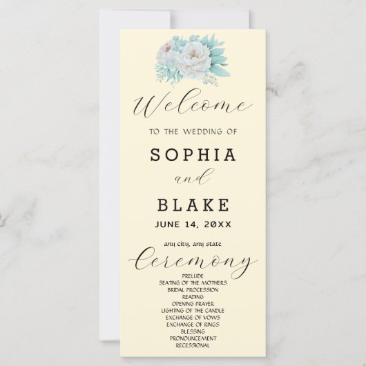 Programme de mariage romantique blanc floral jaune (Devant)