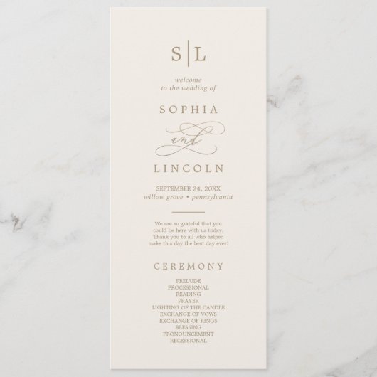 Programme de mariage romantique de monogramme d'or (Devant)