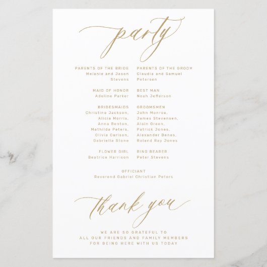 Programme de mariage romantique de typographie or  (Dos)