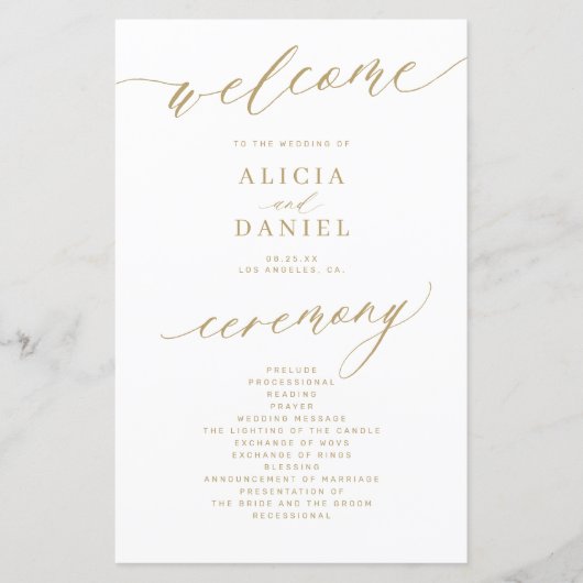 Programme de mariage romantique de typographie or  (Devant)