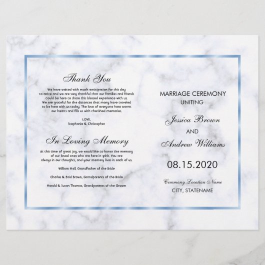 Programme de mariage romantique en marbre bleu (Devant)