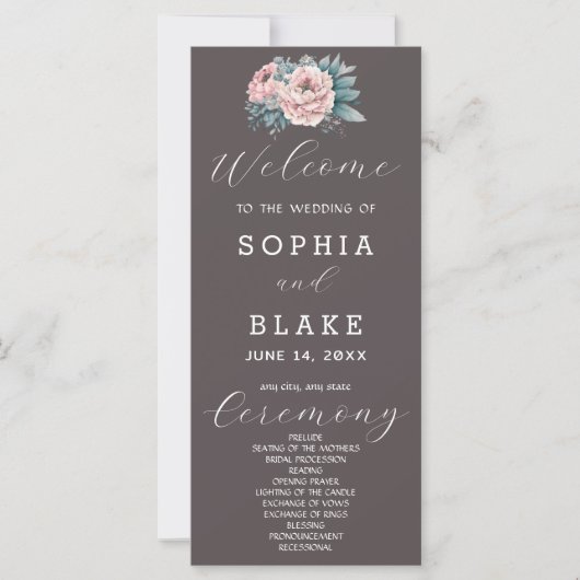 Programme de mariage romantique rose floral gris c (Devant)