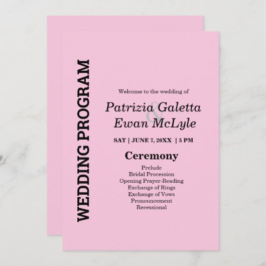 Programme de mariage rose 5x7 (Devant / Derrière)