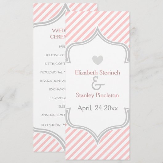 Programme de mariage rose, blanc, rayures grises (Devant / Derrière)
