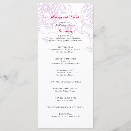 Programme de mariage rose dessiné à la main violet (Devant)