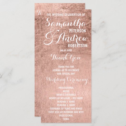 Programme de mariage rose en feuille d'or faux de  (Devant / Derrière)