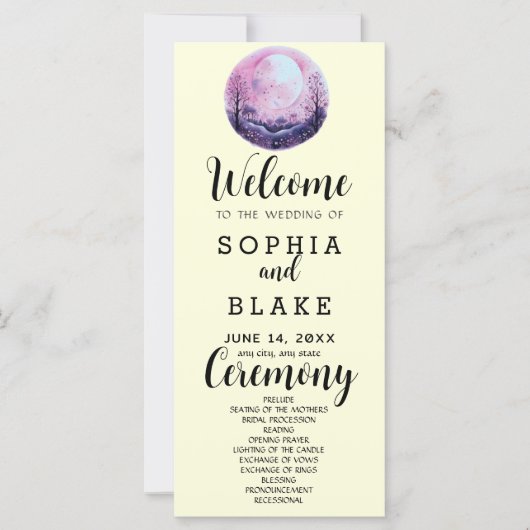 Programme de mariage rose et blanc Boho pleine lun (Devant)