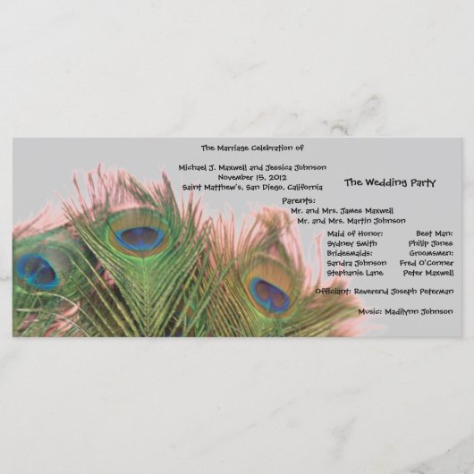 Programme de mariage rose et gris Peacock (Devant)