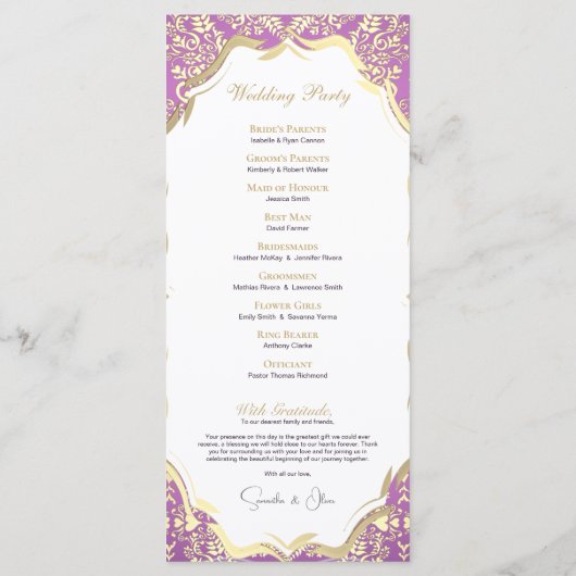 Programme de mariage rose et or élégant orné (Dos)