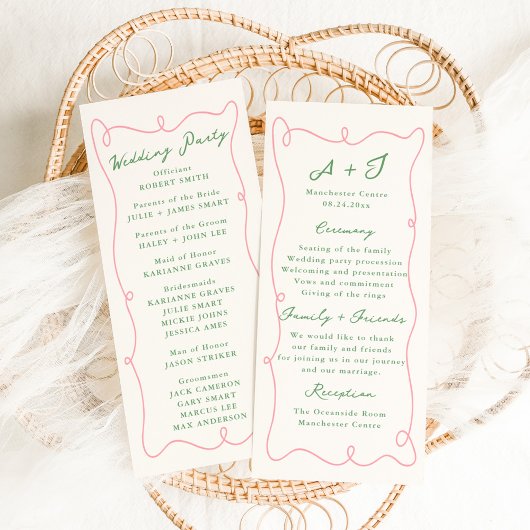 Programme de mariage rose et vert dessiné à la mai