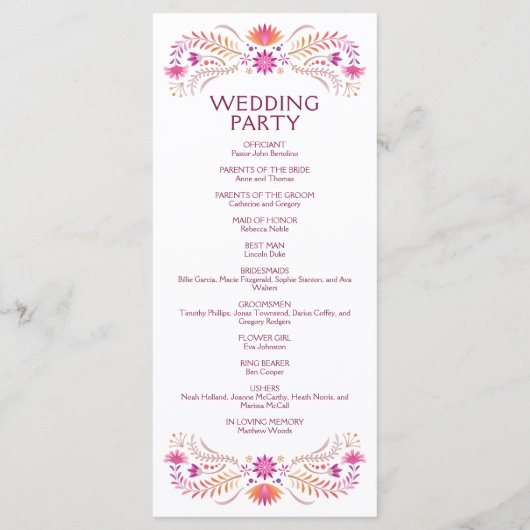 Programme de mariage rose Fiesta (Dos)