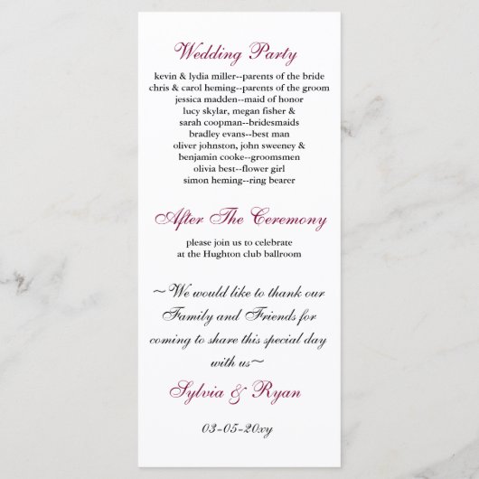 programme de mariage rose floral (Dos)