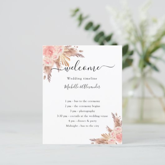 Programme de mariage rose floral blush pampas herb (Debout devant)