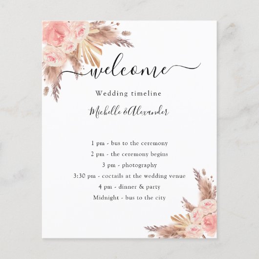 Programme de mariage rose floral blush pampas herb (Devant)