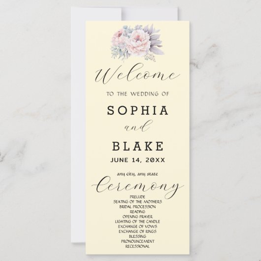 Programme de mariage rose floral jaune romantique (Devant)