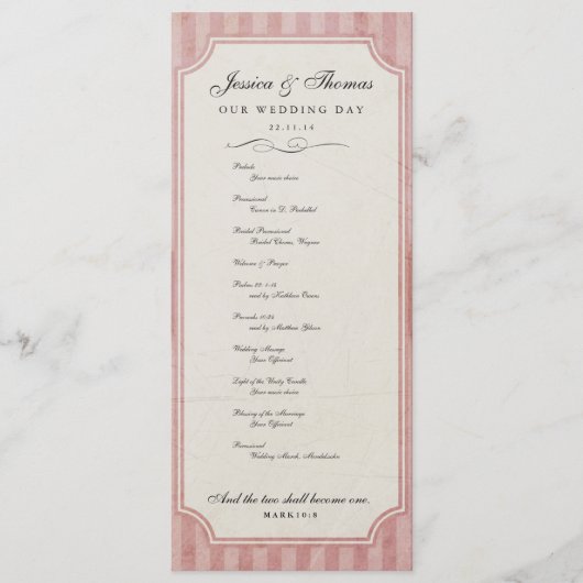 Programme de mariage rose fraise vintage Charm (Devant)