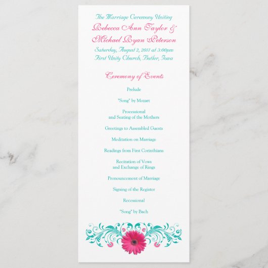 Programme de mariage rose Gerbera Daisy Turquoise (Devant)