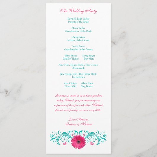 Programme de mariage rose Gerbera Daisy Turquoise (Dos)