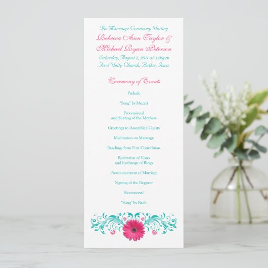 Programme de mariage rose Gerbera Daisy Turquoise (Debout devant)