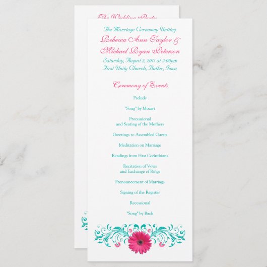 Programme de mariage rose Gerbera Daisy Turquoise (Devant / Derrière)
