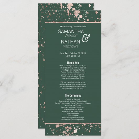Programme de mariage rose Gold Green Paint Splatte (Devant / Derrière)