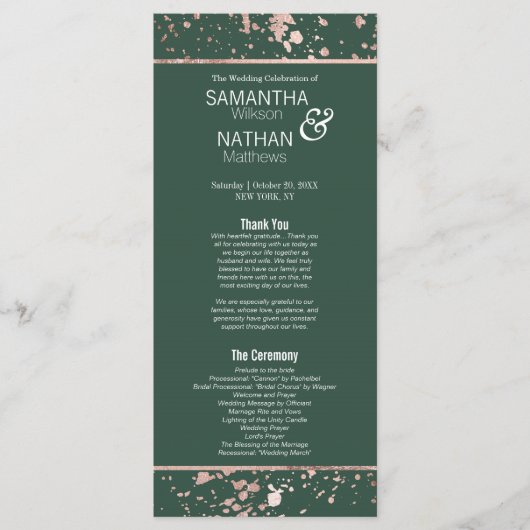Programme de mariage rose Gold Green Paint Splatte (Devant)