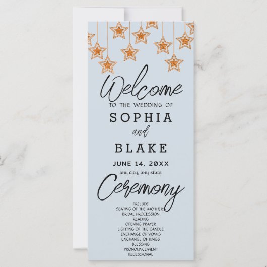 Programme de mariage Rose Gold Hanging Stars Bleu (Devant)