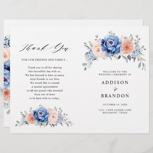 Programme de mariage rose pâle Dusty bleu marine (Devant / Derrière)