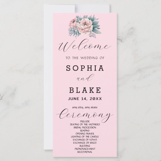 Programme de mariage rose pâle floral romantique (Devant)
