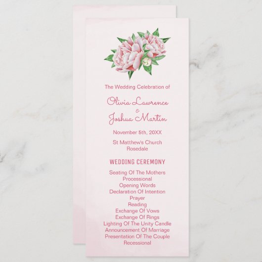 Programme de mariage rose Peony (Devant / Derrière)