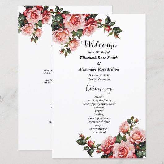 Programme de mariage rose rose rose pâle (Devant / Derrière)