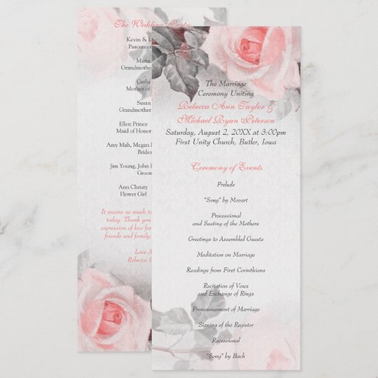 Programme de mariage rose rose vintage (Devant / Derrière)