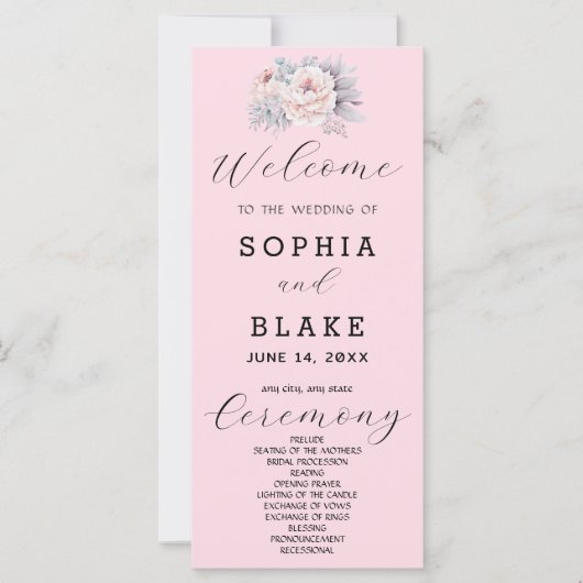 Programme de mariage rose tendre floral romantique (Devant)