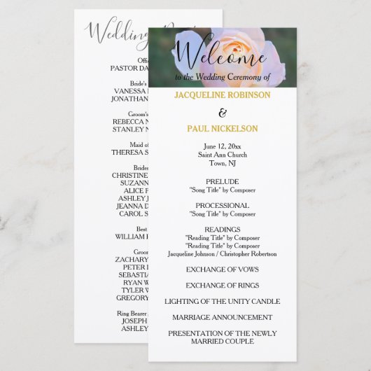 Programme de Mariage Roses Roses Pâles Or NOMS (Devant / Derrière)