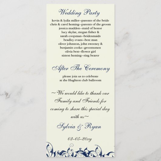 programme de mariage royal bleu et ivoire (Dos)