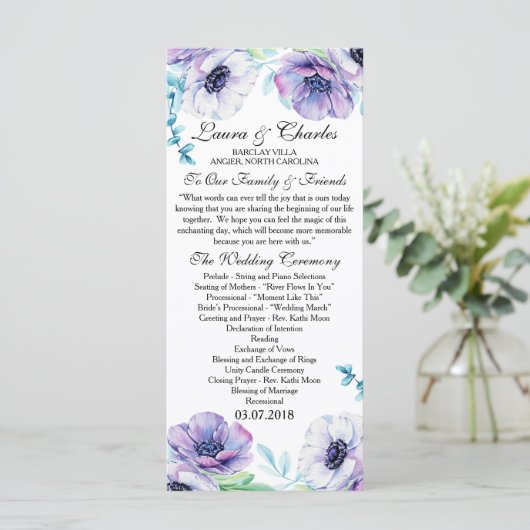 Programme de mariage rustique Anémone Aquarelle Fl (Debout devant)