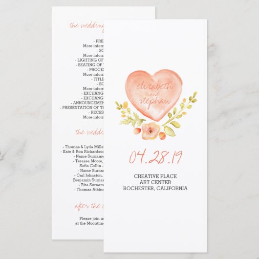 Programme de mariage rustique aquarelle (Devant / Derrière)