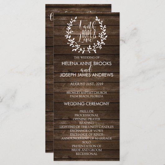 Programme de mariage rustique en bois (Devant / Derrière)