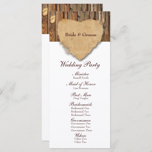 Programme de mariage rustique en bois de coeur tac (Devant / Derrière)