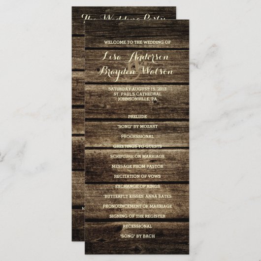 Programme de mariage rustique en bois d'étable (Devant / Derrière)