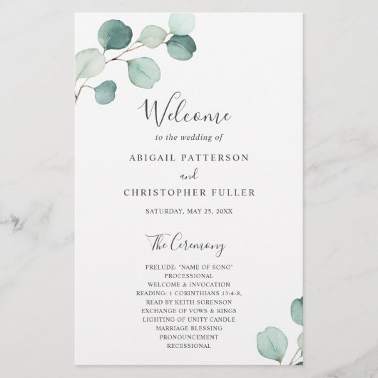 Programme de mariage rustique eucalyptus à verdure (Devant)