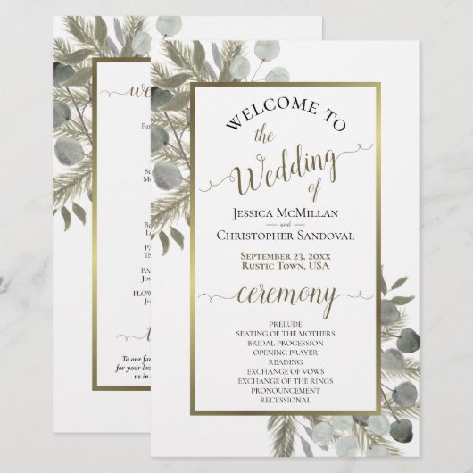 Programme de mariage rustique eucalyptus & pin à b (Devant / Derrière)