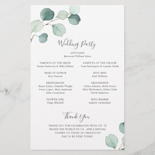 Programme de mariage rustique Eucalyptus vert simp (Dos)
