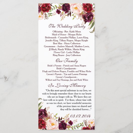 Programme de mariage rustique Fleurs d'aquarelle M (Dos)