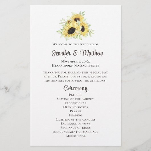 Programme de mariage rustique jaune floral tournes (Devant)