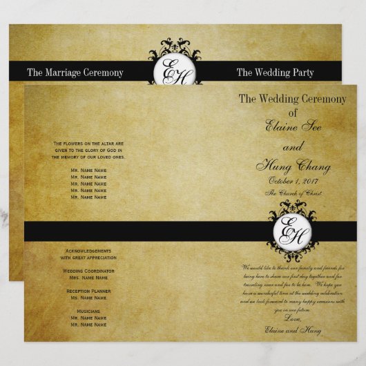 Programme de mariage rustique Monogramme Vintage (Devant / Derrière)