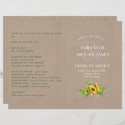 Programme de mariage rustique SOLEILS Kraft Look (Devant / Derrière)