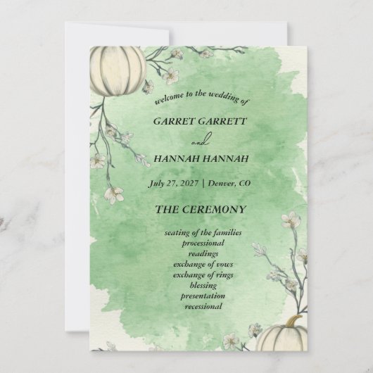Programme de mariage rustique vert automne citroui (Devant)