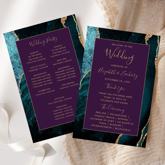 Programme de mariage sarcelle or agate violet Budg